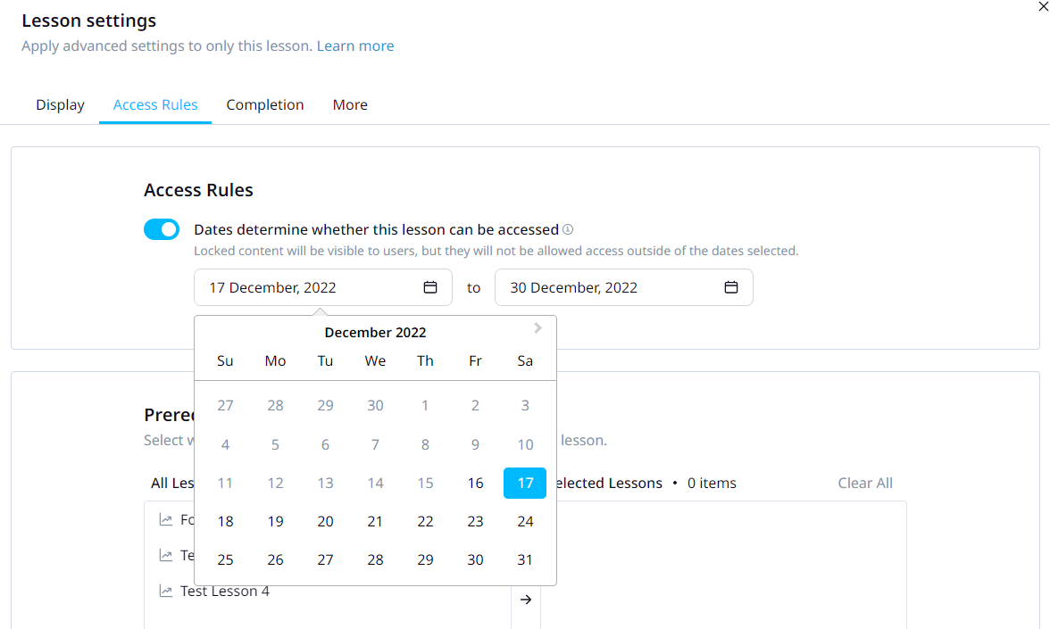 Using the calendar feature to release a lesson a day