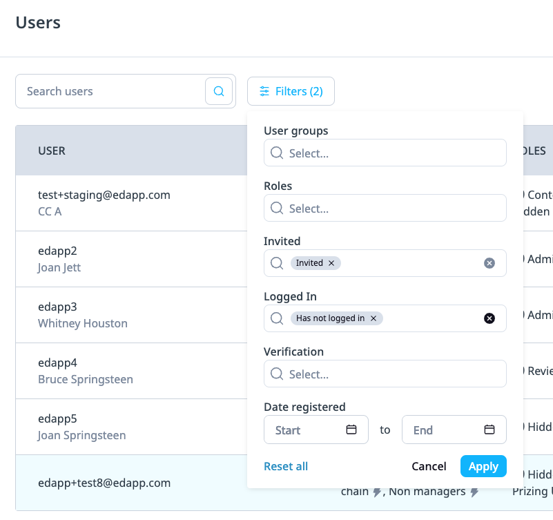 Managing users from the User List page
